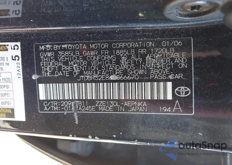 2006 Toyota Corolla Le from USA, damaged, VIN JTDBR32E860066670